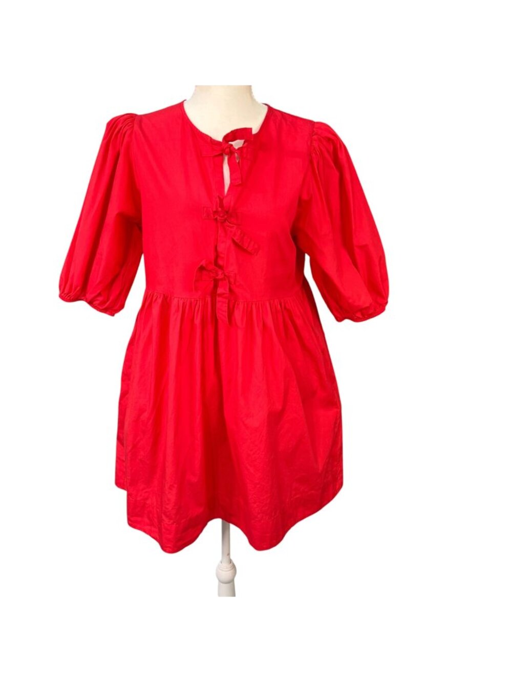 Band Of The Free Cotton Mini Dress Puff Sleeves & Bow Front Flame Red Size M
